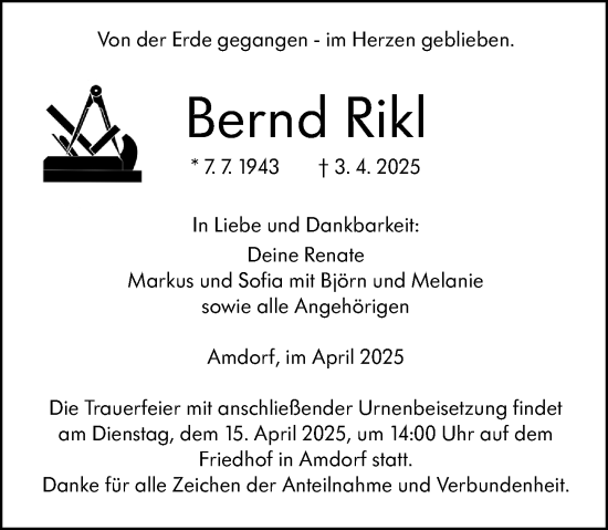Traueranzeige von Bernd Rikl von Dill Block