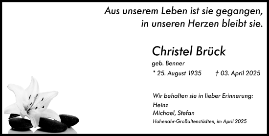 Traueranzeige von Christel Brück von Wetzlarer Neue Zeitung