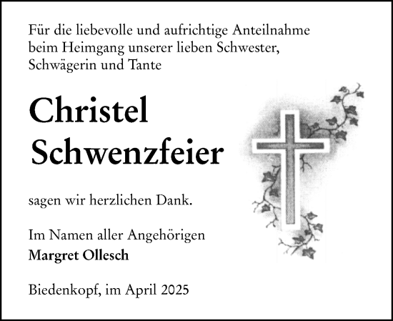 Traueranzeige von Christel Schwenzfeier von Hinterländer Anzeiger
