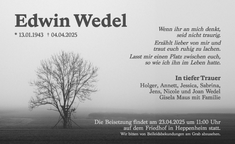  Traueranzeige für Edwin Wedel vom 19.04.2025 aus Starkenburger Echo