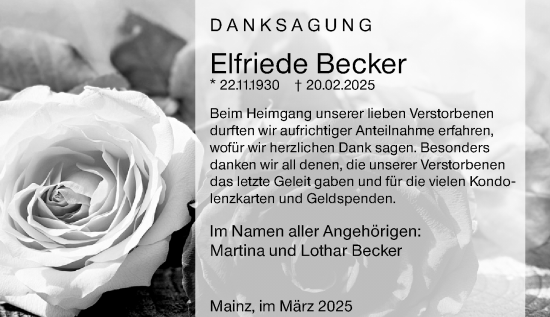 Traueranzeige von Elfriede Becker von Allgemeine Zeitung Mainz