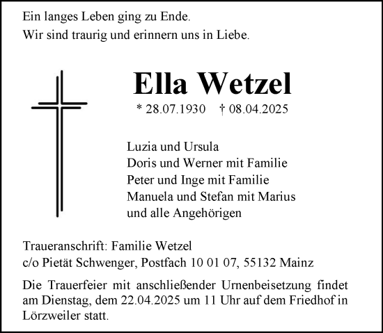 Traueranzeige von Ella Wetzel von Allgemeine Zeitung Mainz