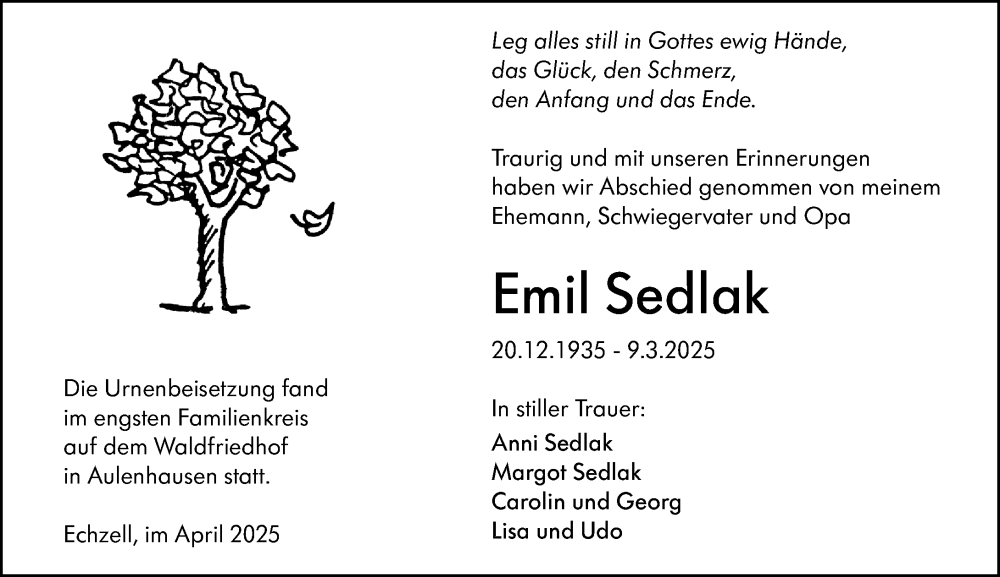  Traueranzeige für Emil Sedlak vom 12.04.2025 aus Weilburger Tageblatt