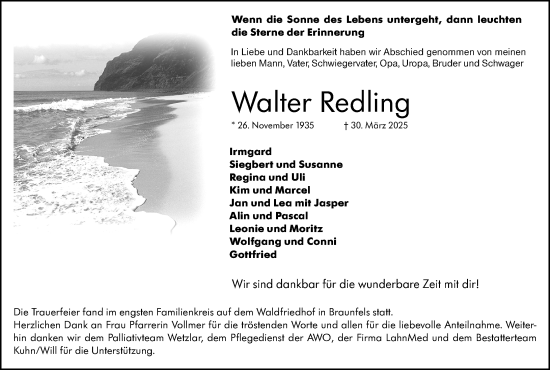 Traueranzeige von Walter Redling von Wetzlarer Neue Zeitung