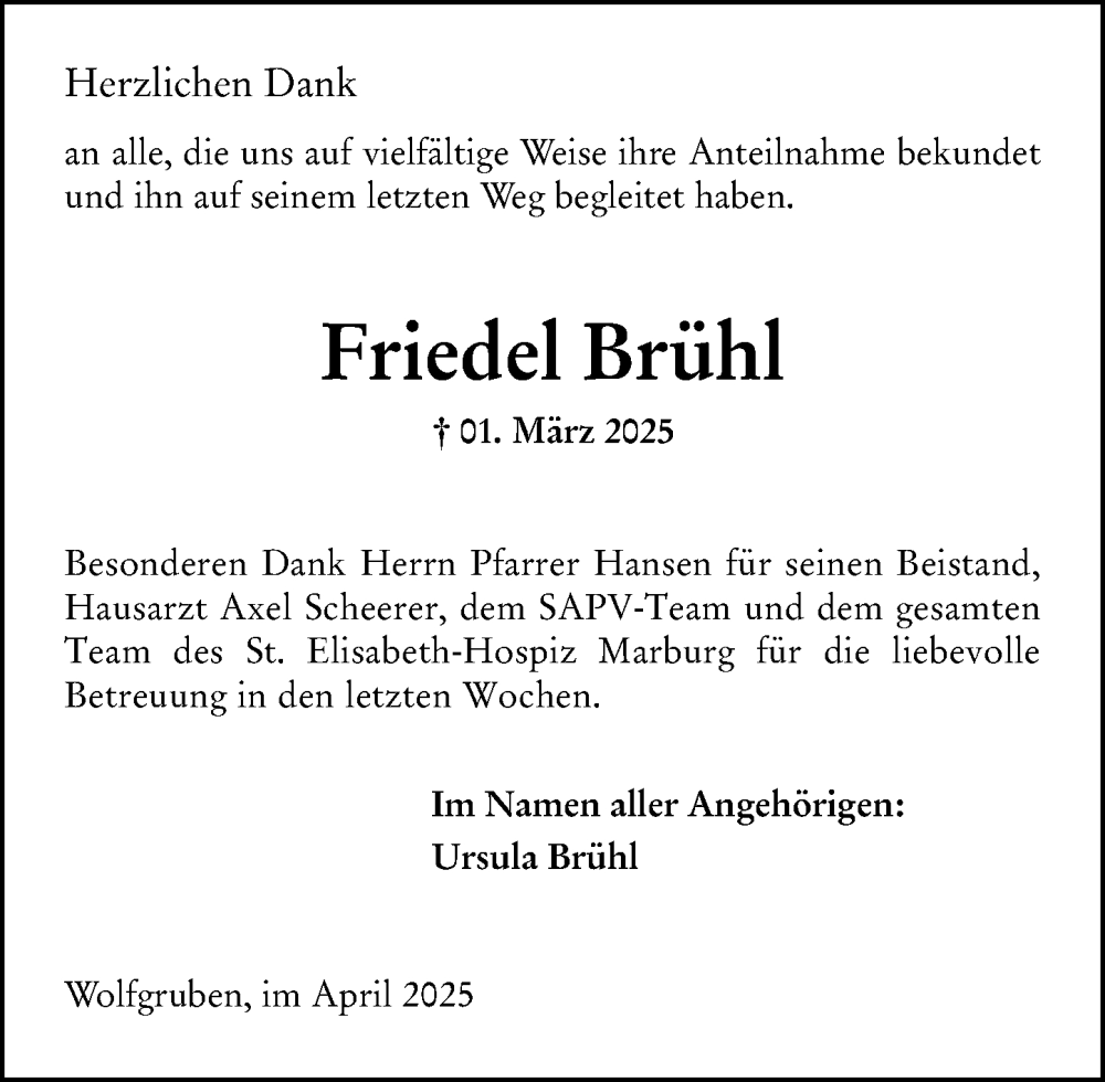  Traueranzeige für Friedel Brühl vom 12.04.2025 aus Hinterländer Anzeiger