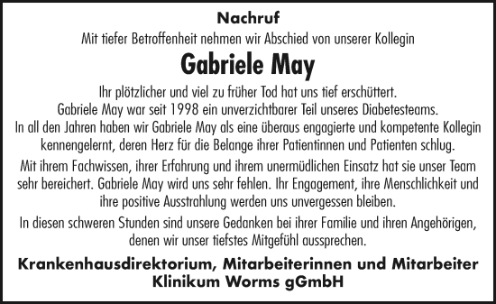 Traueranzeige von Gabriele May von Wormser Zeitung