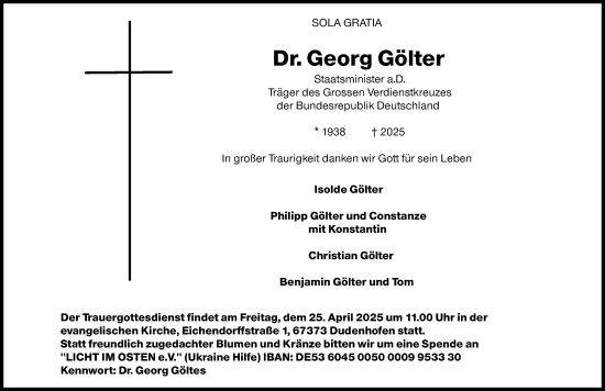 Traueranzeige von Georg Gölter von Allgemeine Zeitung Mainz