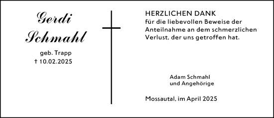 Traueranzeige von Gerdi Schmahl von Odenwälder Echo