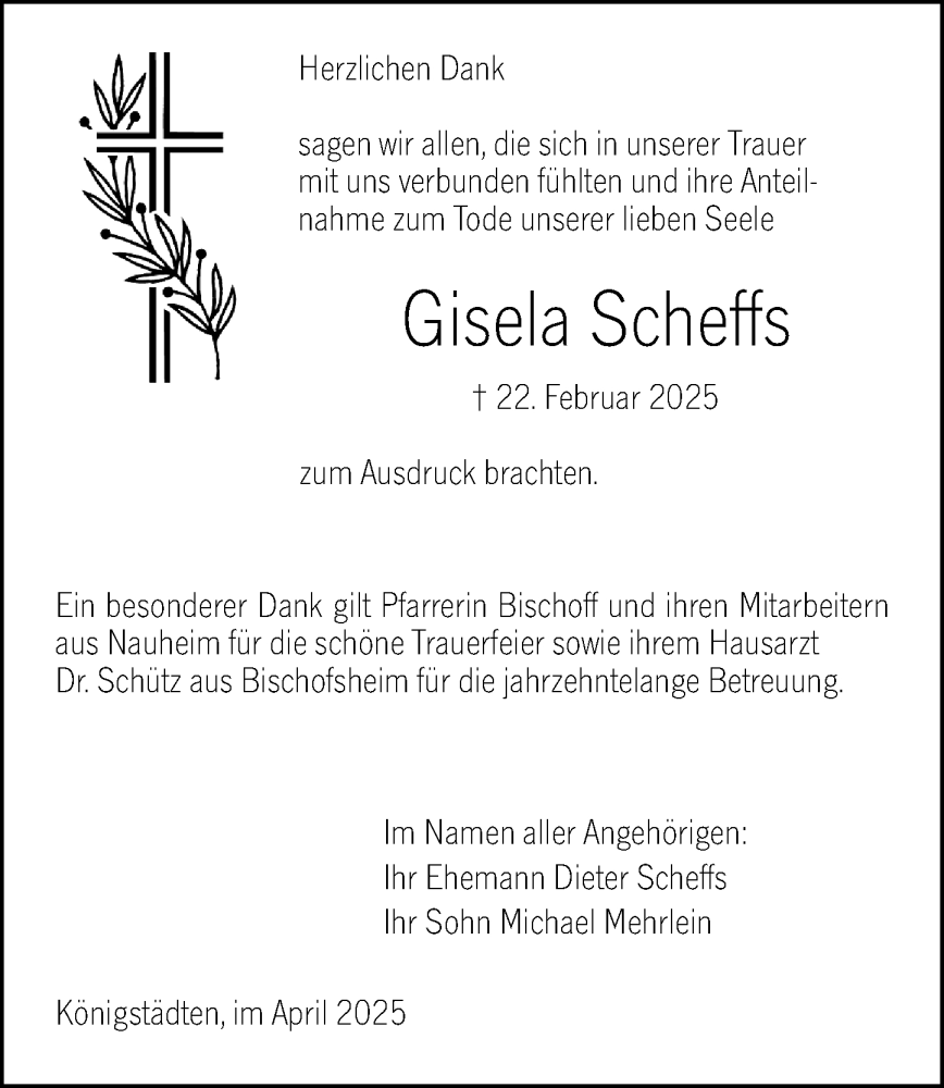  Traueranzeige für Gisela Scheffs vom 17.04.2025 aus Rüsselsheimer Echo