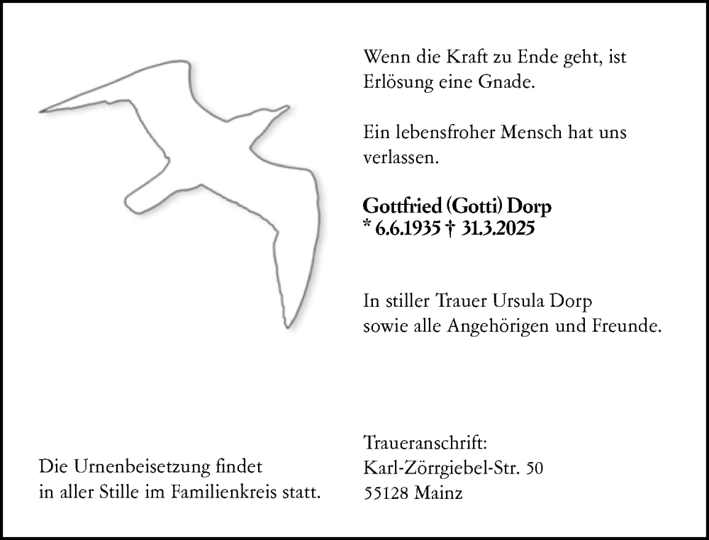  Traueranzeige für Gottfried Dorp vom 05.04.2025 aus Allgemeine Zeitung Mainz