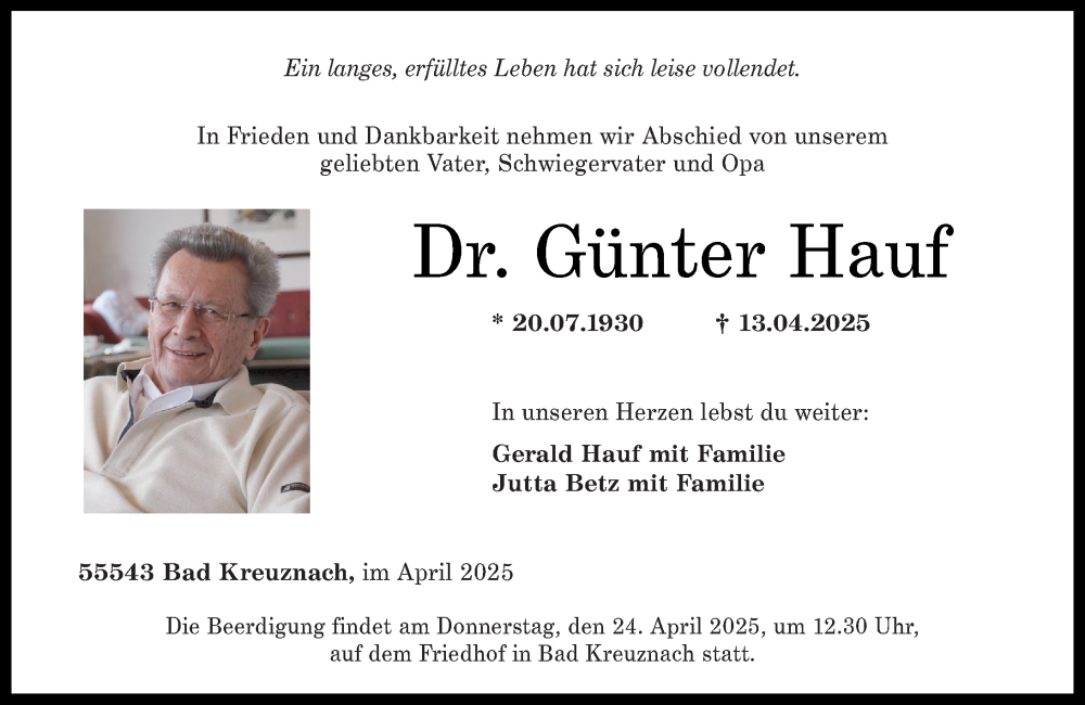  Traueranzeige für Günter Hauf vom 19.04.2025 aus Allgemeine Zeitung Rheinhessen-Nahe