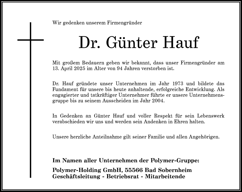  Traueranzeige für Günter Hauf vom 19.04.2025 aus Allgemeine Zeitung Rheinhessen-Nahe