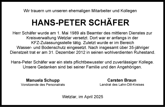 Traueranzeige von Hans-Peter Schäfer von Wetzlarer Neue Zeitung