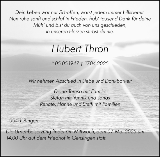 Traueranzeige von Hubert Thron von Binger-/Ingelheimer Wochenblatt