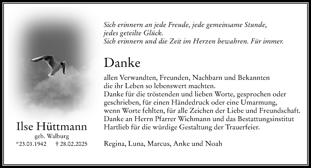  Traueranzeige für Ilse Hüttmann vom 17.04.2025 aus Camberger Anzeiger