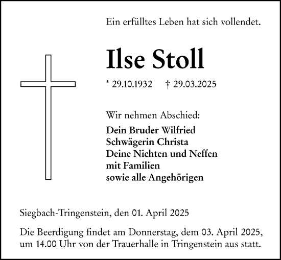 Traueranzeige von Ilse Stoll von Dill Block