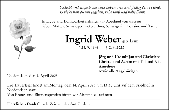Traueranzeige von Ingrid Weber von Wetzlarer Neue Zeitung