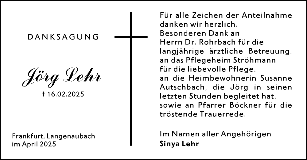  Traueranzeige für Jörg Lehr vom 05.04.2025 aus Dill Block