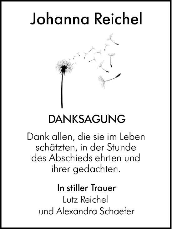 Traueranzeige von Johanna Reichel von Darmstädter Echo