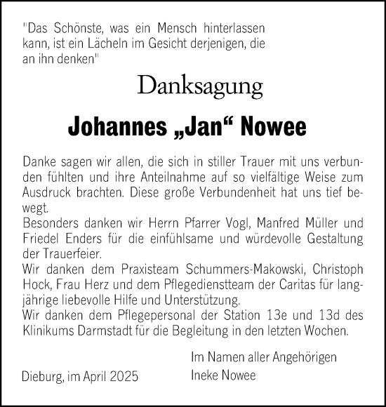 Traueranzeige von Johannes Nowee von Dieburger Anzeiger/Groß-Zimmerner Lokal-Anzeiger