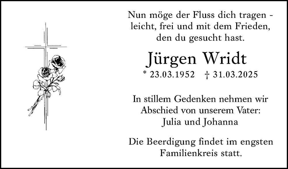  Traueranzeige für Jürgen Wridt vom 12.04.2025 aus Allgemeine Zeitung Alzey