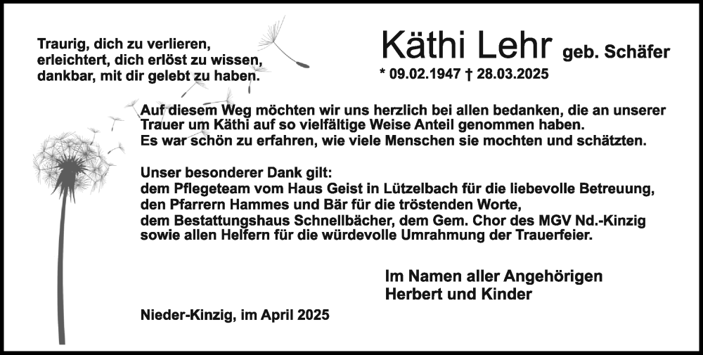  Traueranzeige für Käthi Leh vom 26.04.2025 aus Odenwälder Echo