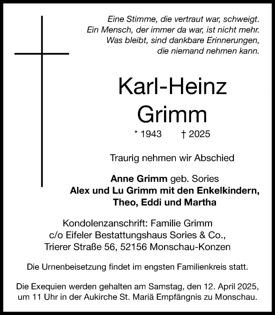 Traueranzeige von Karl-Heinz Grimm von Allgemeine Zeitung Mainz