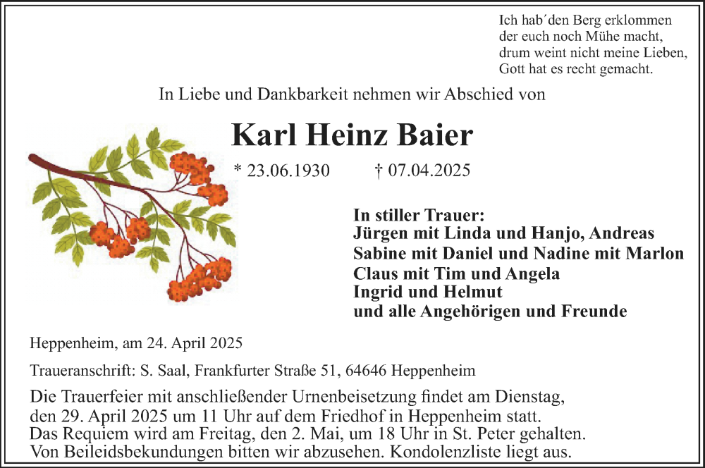  Traueranzeige für Karl Heinz Baier vom 24.04.2025 aus Starkenburger Echo