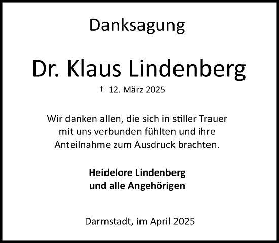 Traueranzeige von Klaus Lindenberg von Darmstädter Echo