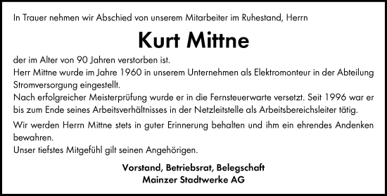Traueranzeige von Kurt Mittne von Allgemeine Zeitung Mainz