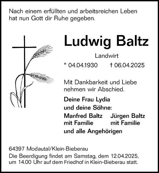 Traueranzeige von Ludwig Baltz von Darmstädter Echo