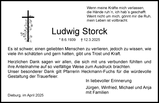 Traueranzeige von Ludwig Storck von Dieburger Anzeiger/Groß-Zimmerner Lokal-Anzeiger