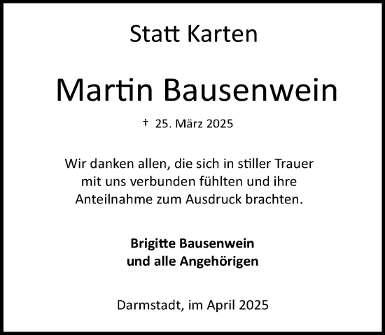 Traueranzeige von Martin Bausenwein von Darmstädter Echo