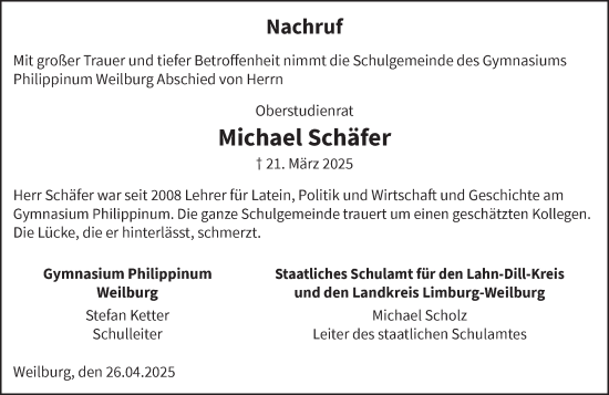 Traueranzeige von Michael Schäfer von Weilburger Tageblatt