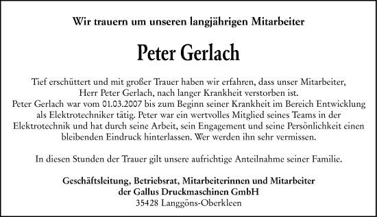 Traueranzeige von Peter Gerlach von Wetzlarer Neue Zeitung