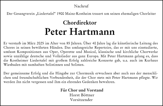 Traueranzeige von Peter Hartmann von Wiesbadener Kurier