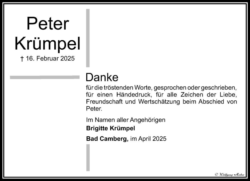  Traueranzeige für Peter Krümpel vom 03.04.2025 aus Camberger Anzeiger