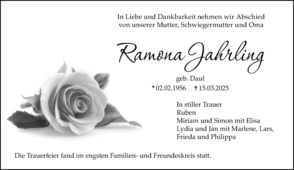  Traueranzeige für Ramona Jahrling vom 05.04.2025 aus Wetzlarer Neue Zeitung