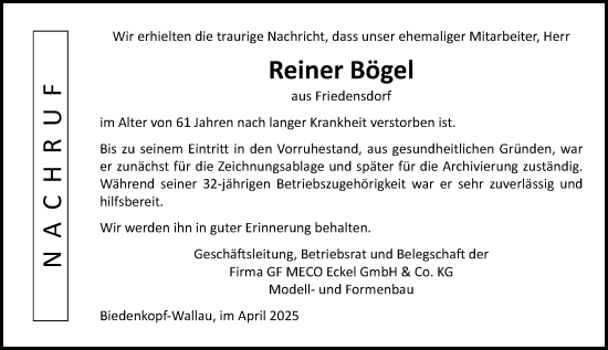 Traueranzeige von Reiner Bögel von Hinterländer Anzeiger