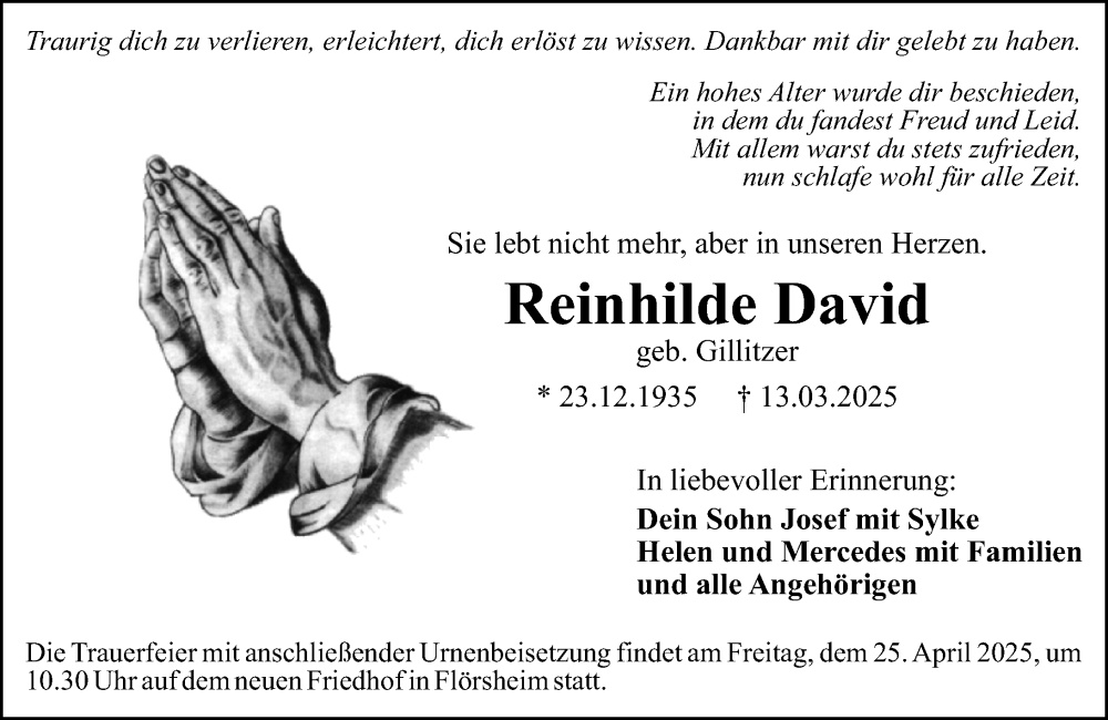  Traueranzeige für Reinhilde David vom 11.04.2025 aus Hochheimer Zeitung