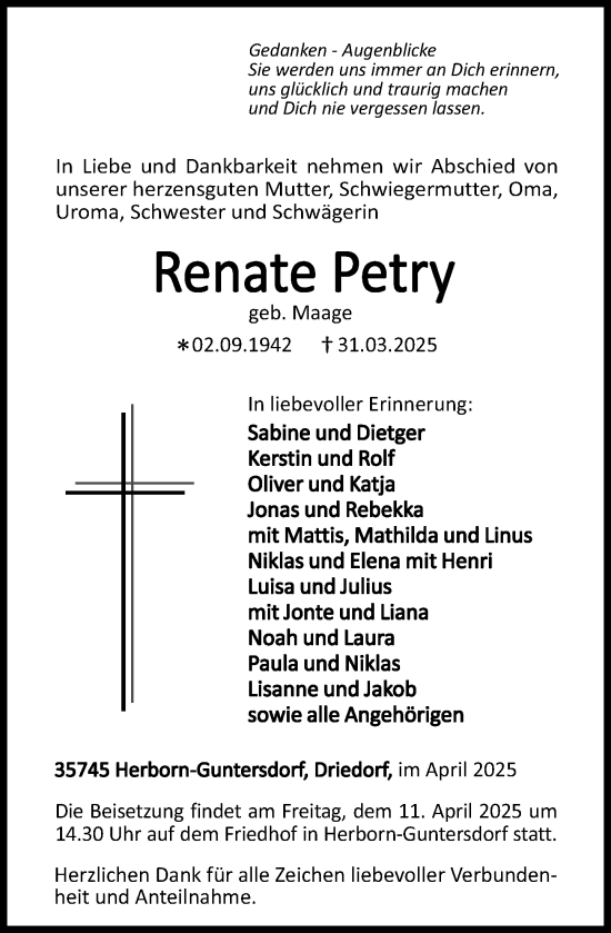 Traueranzeige von Renate Petry von Dill Block