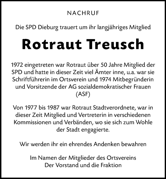 Traueranzeige von Rotraut Treusch von Dieburger Anzeiger/Groß-Zimmerner Lokal-Anzeiger