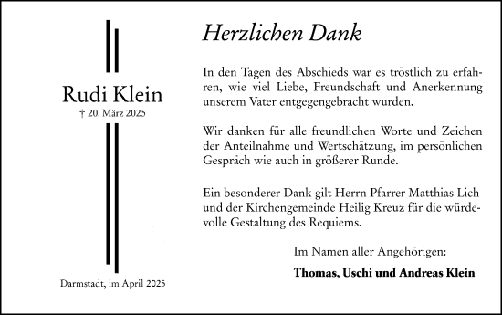 Traueranzeige von Rudi Klein von Darmstädter Echo
