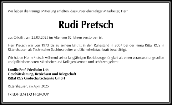 Traueranzeige von Rudi Pretsch von Dill Block