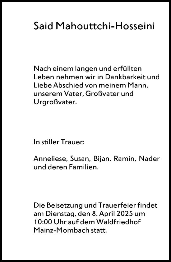 Traueranzeige von Said Mahouttchi-Hosseini von Wiesbadener Kurier