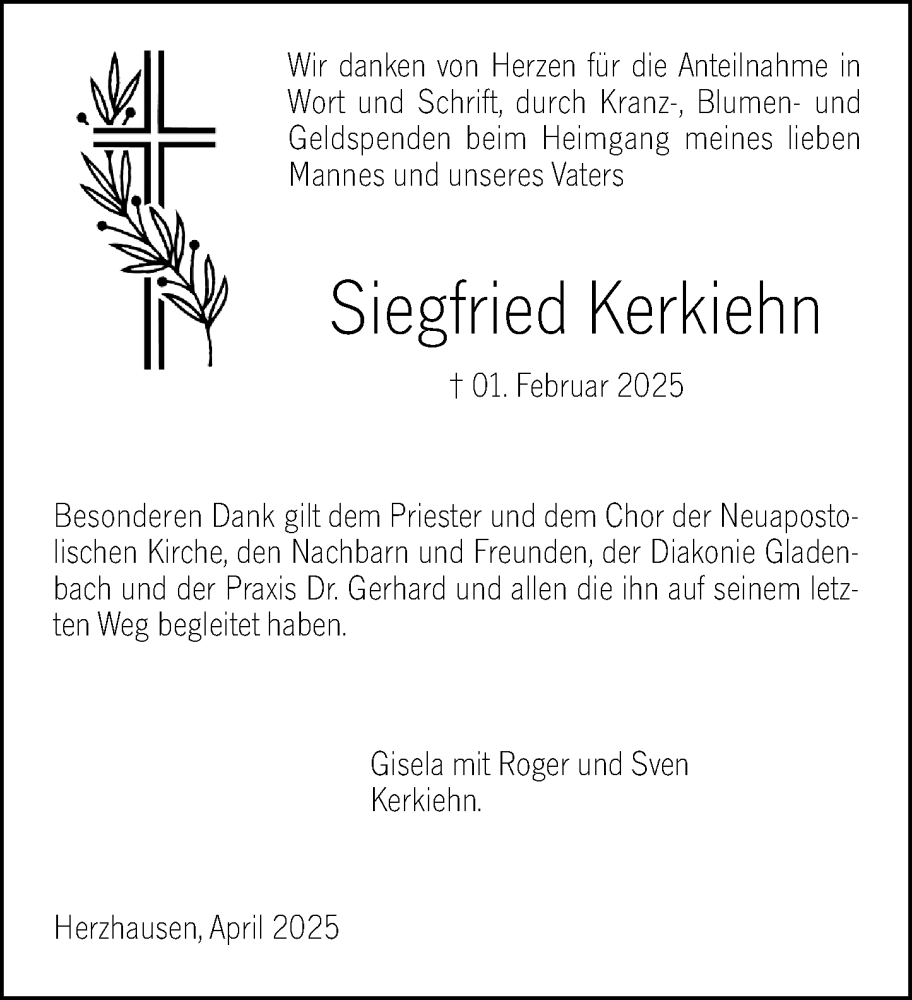  Traueranzeige für Siegfried Kerkiehn vom 08.04.2025 aus Hinterländer Anzeiger