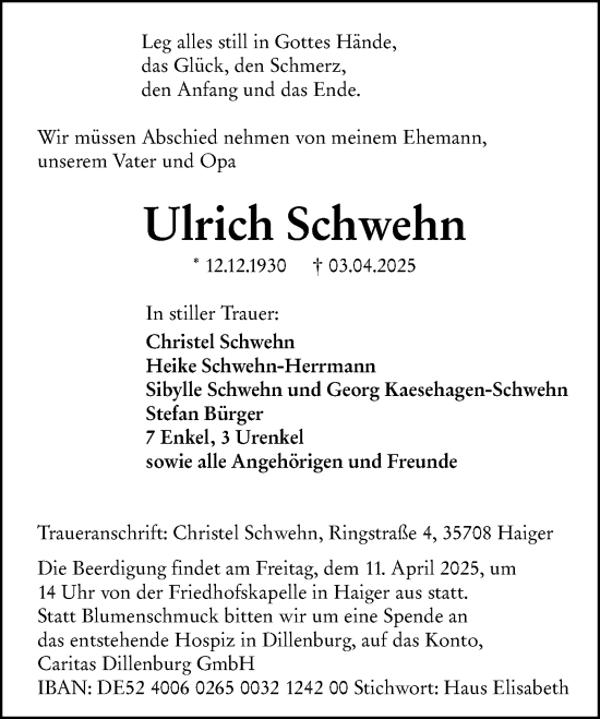 Traueranzeige von Ulrich Schwehn von Dill Block