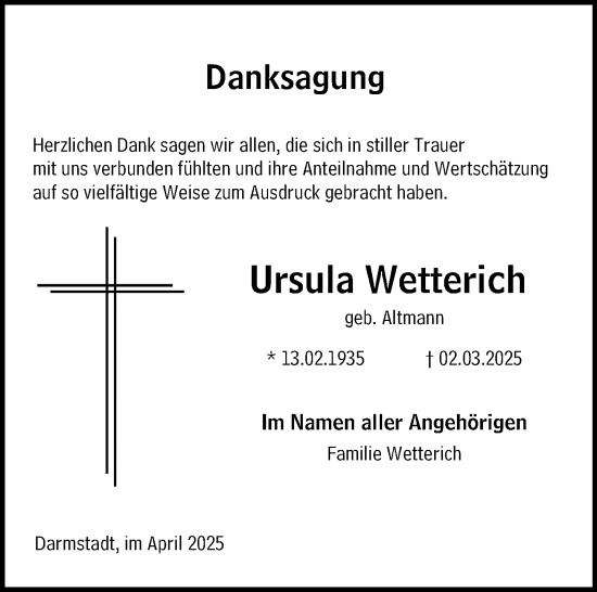 Traueranzeige von Ursula Wetterich von Darmstädter Echo