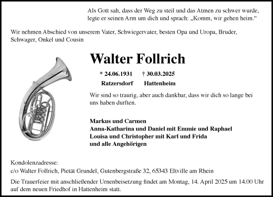 Traueranzeige von Walter Follrich von Rheingau Kurier