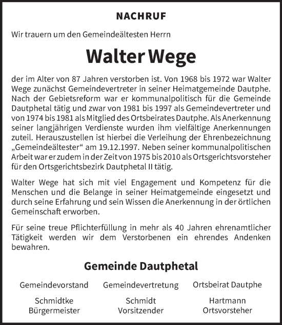 Traueranzeige von Walter Wege von Hinterländer Anzeiger